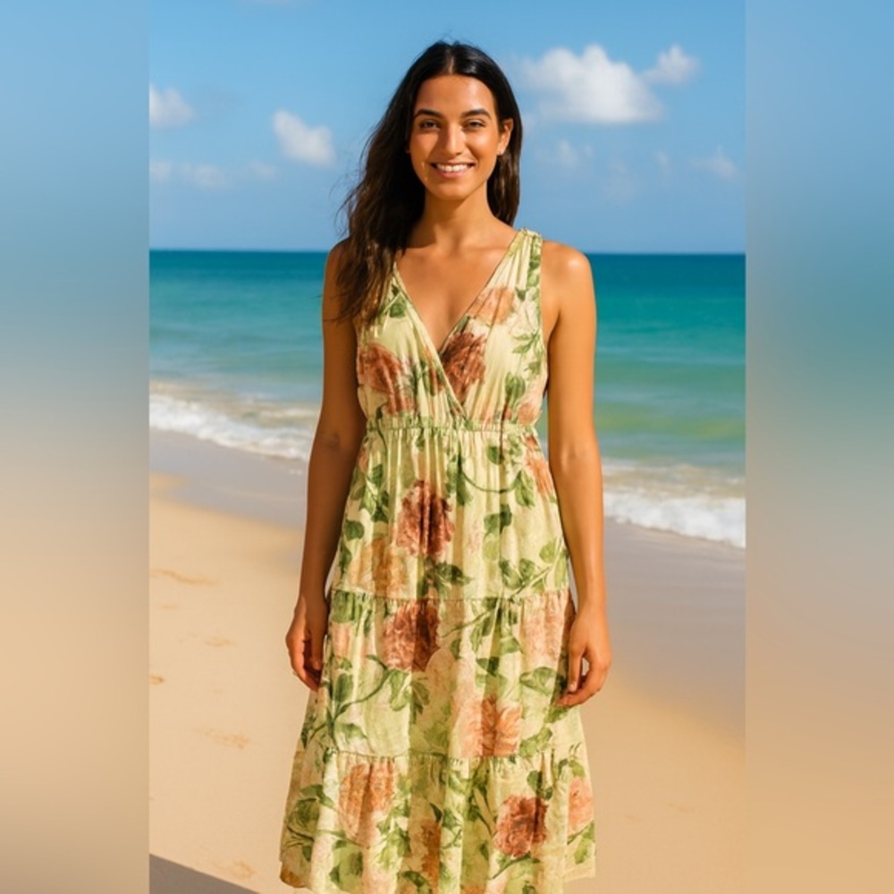 Anthropologie Maeve Maravilla Tiered Maxim Dress Size 6 Floral Print Cream Green